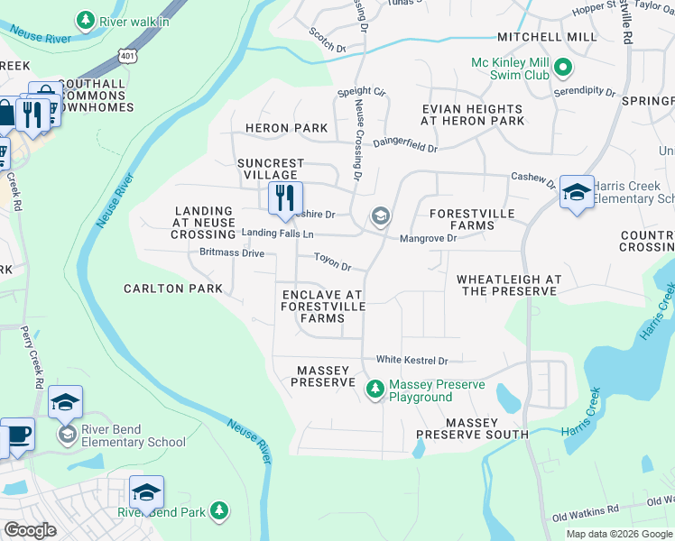 map of restaurants, bars, coffee shops, grocery stores, and more near 3836 Toyon Drive in Raleigh
