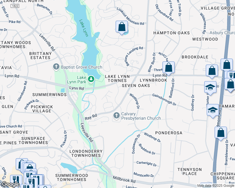 map of restaurants, bars, coffee shops, grocery stores, and more near Madison Ridge Way in Raleigh