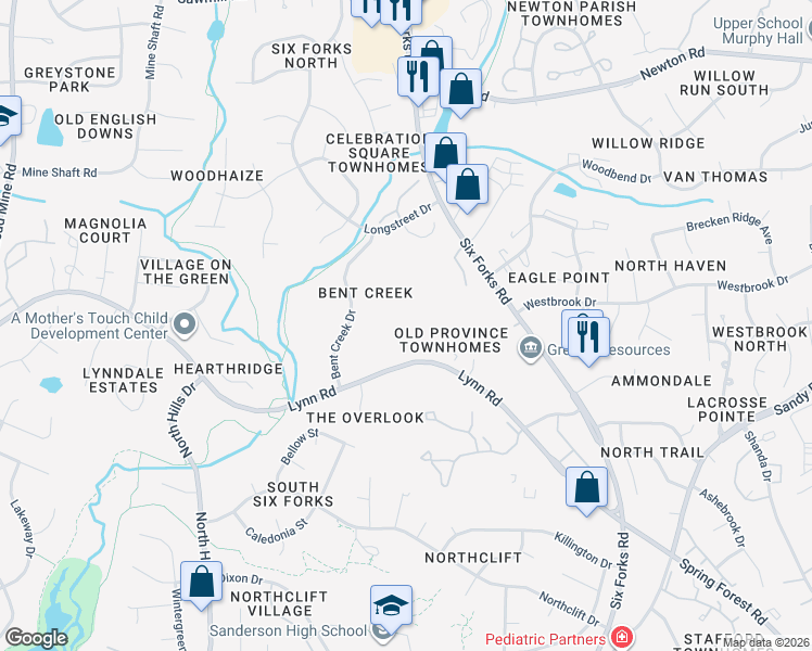 map of restaurants, bars, coffee shops, grocery stores, and more near 5 Paces Arbor Circle in Raleigh