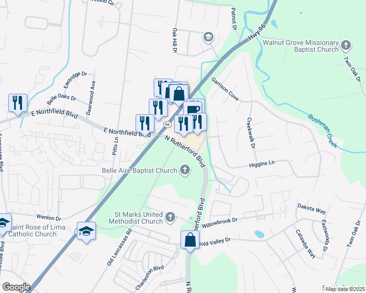 map of restaurants, bars, coffee shops, grocery stores, and more near 1619 North Rutherford Boulevard in Murfreesboro