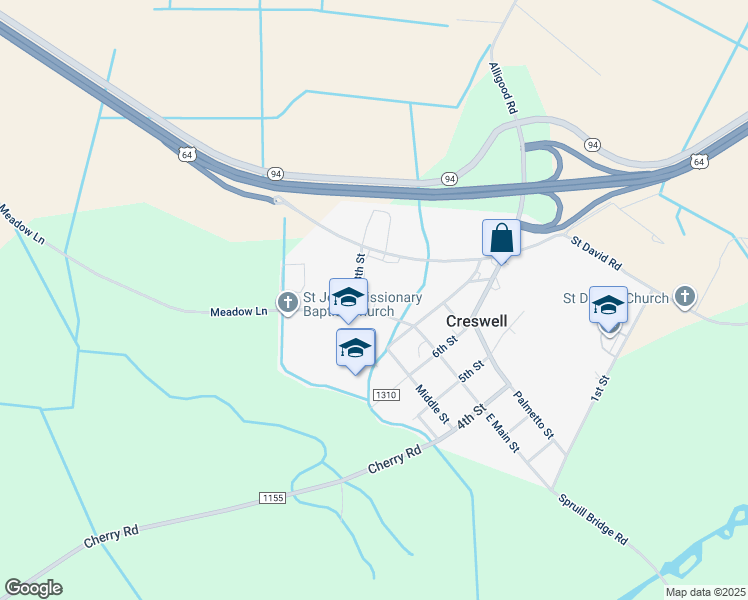 map of restaurants, bars, coffee shops, grocery stores, and more near 312 West Main Street in Creswell
