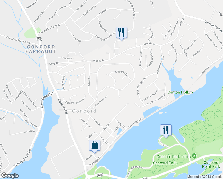 map of restaurants, bars, coffee shops, grocery stores, and more near 10829 Concord Woods Drive in Knoxville