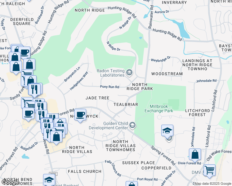 map of restaurants, bars, coffee shops, grocery stores, and more near 1605 Bellechasse Drive in Raleigh