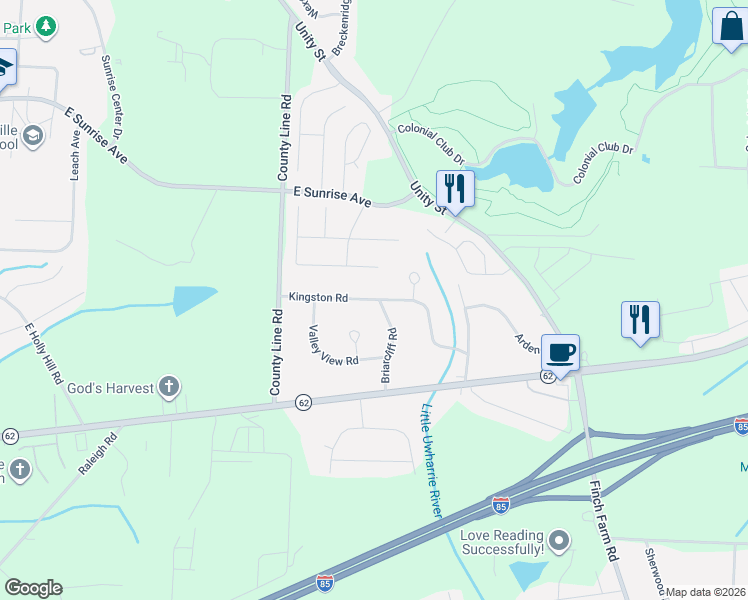 map of restaurants, bars, coffee shops, grocery stores, and more near Kingston Road in Thomasville