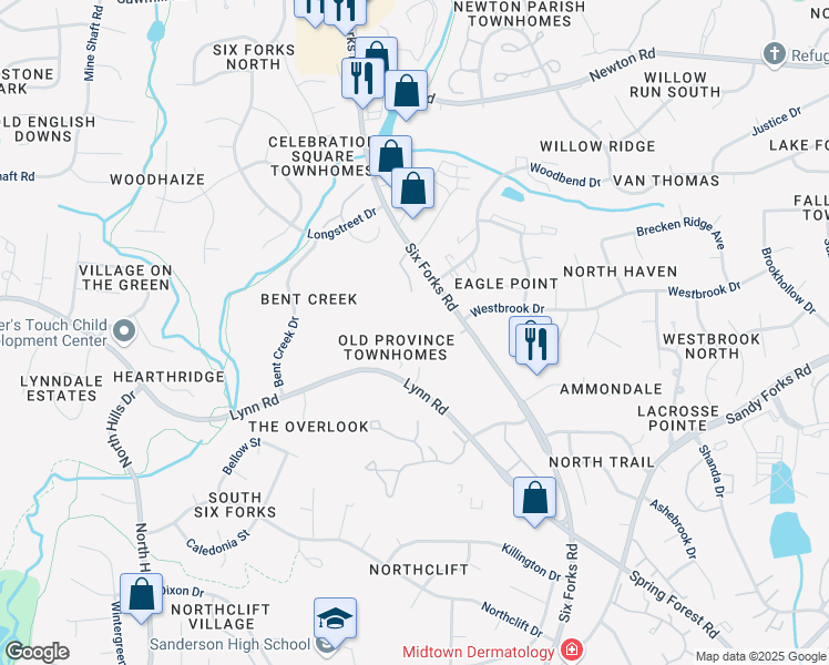 map of restaurants, bars, coffee shops, grocery stores, and more near 6737 Six Forks Road in Raleigh