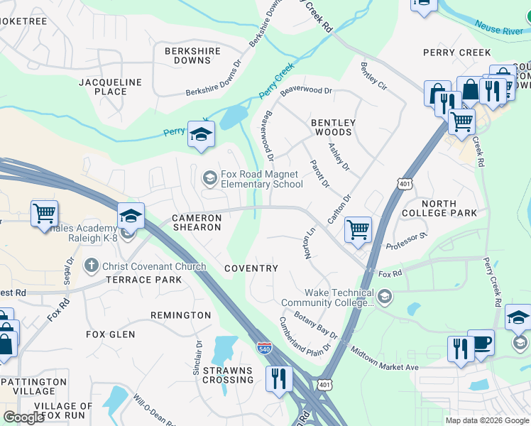 map of restaurants, bars, coffee shops, grocery stores, and more near 7204 Fox Road in Raleigh