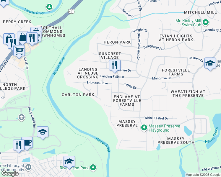 map of restaurants, bars, coffee shops, grocery stores, and more near 3649 Massey Ridge Court in Raleigh