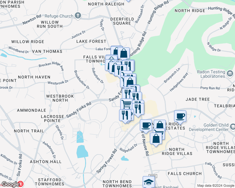 map of restaurants, bars, coffee shops, grocery stores, and more near 7113 Sandy Forks Road in Raleigh