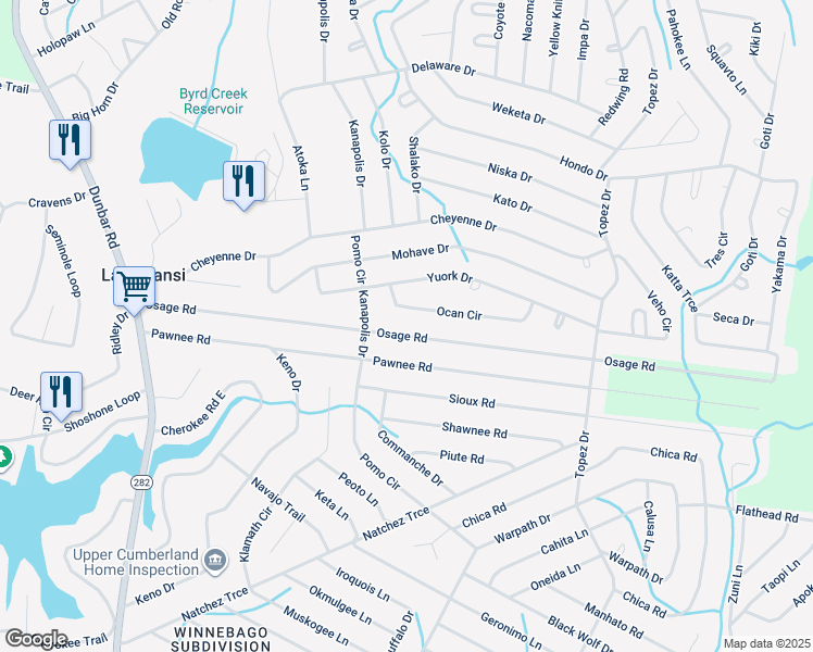 map of restaurants, bars, coffee shops, grocery stores, and more near 6211 Osage Road in Crossville