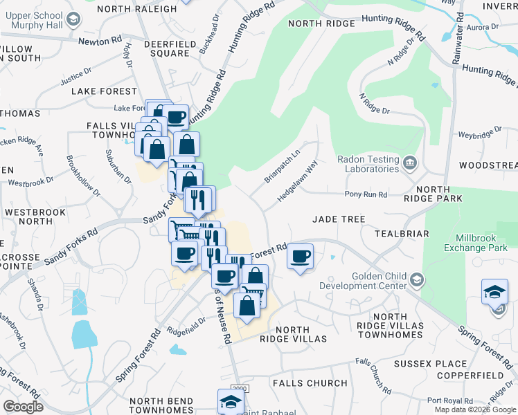 map of restaurants, bars, coffee shops, grocery stores, and more near 6369 New Market Way in Raleigh