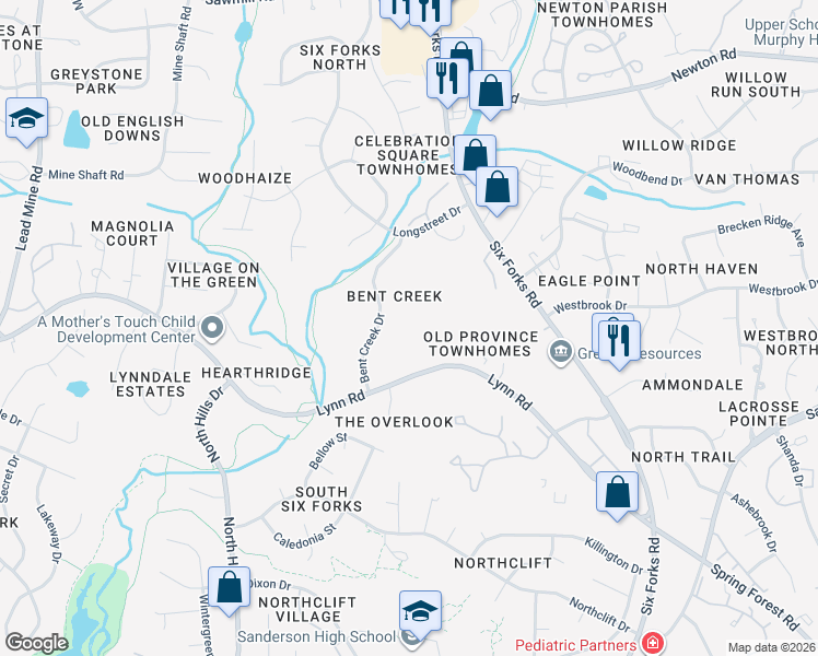 map of restaurants, bars, coffee shops, grocery stores, and more near 5 Paces Arbor Circle in Raleigh