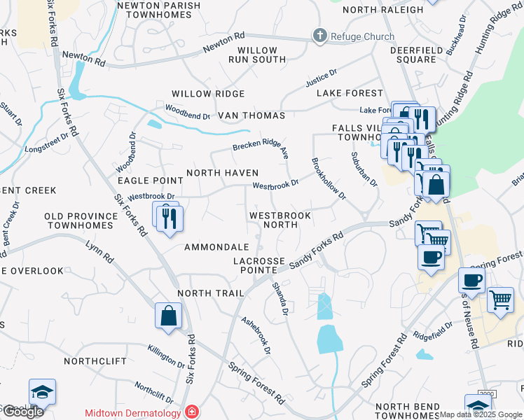 map of restaurants, bars, coffee shops, grocery stores, and more near 6712 Pointe Vista Circle in Raleigh