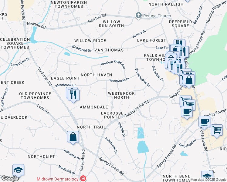 map of restaurants, bars, coffee shops, grocery stores, and more near 6712 Pointe Vista Circle in Raleigh
