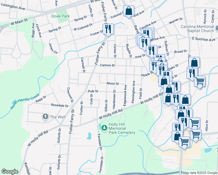 map of restaurants, bars, coffee shops, grocery stores, and more near 605 Dillon Street in Thomasville