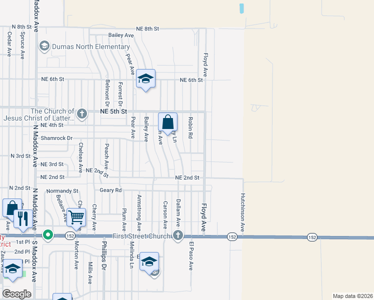 map of restaurants, bars, coffee shops, grocery stores, and more near 208 Bradley Lane in Dumas