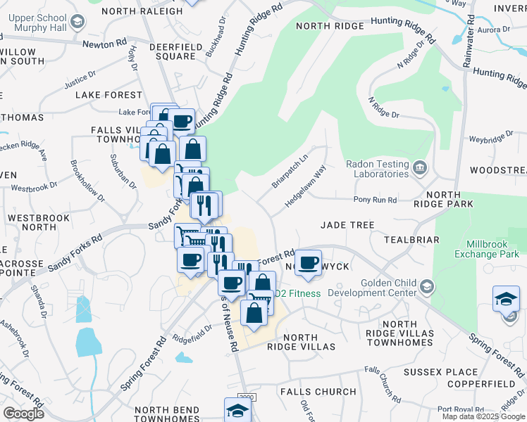 map of restaurants, bars, coffee shops, grocery stores, and more near 6397 New Market Way in Raleigh