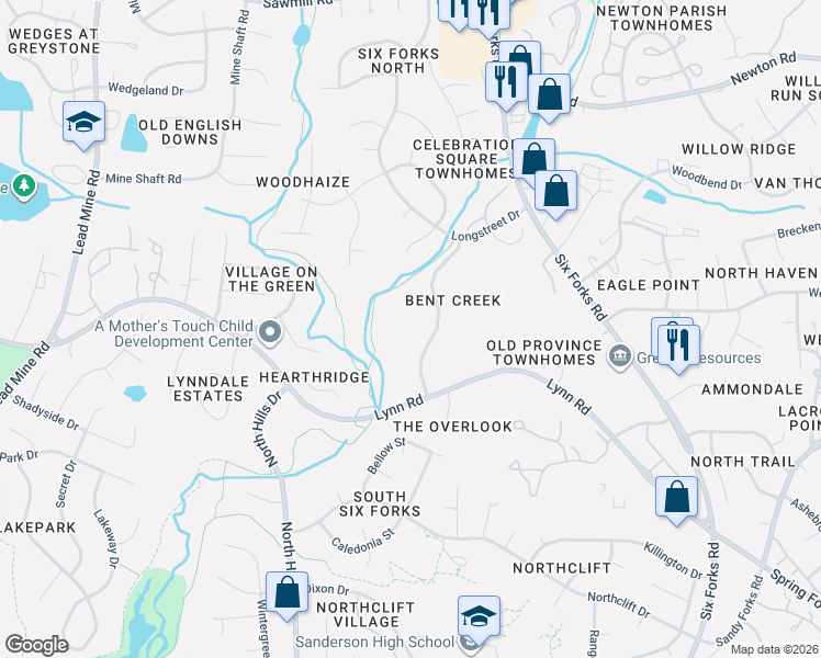 map of restaurants, bars, coffee shops, grocery stores, and more near 6540 English Oaks Drive in Raleigh