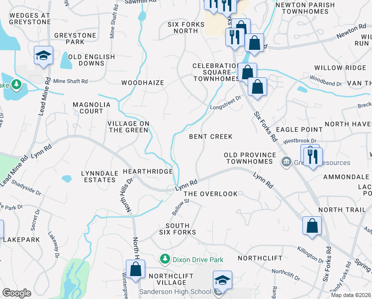 map of restaurants, bars, coffee shops, grocery stores, and more near 6540 English Oaks Drive in Raleigh