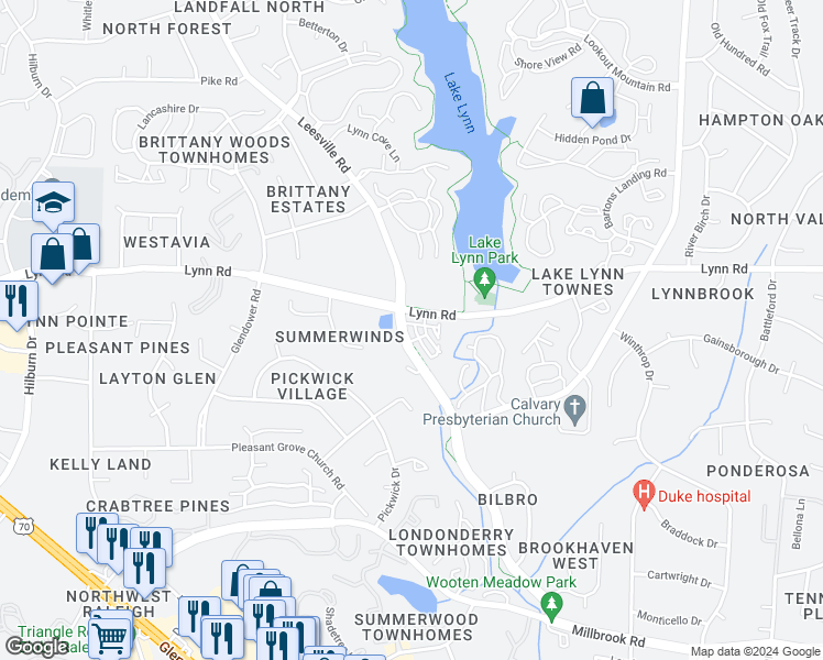 map of restaurants, bars, coffee shops, grocery stores, and more near 6925 Leesville Road in Raleigh