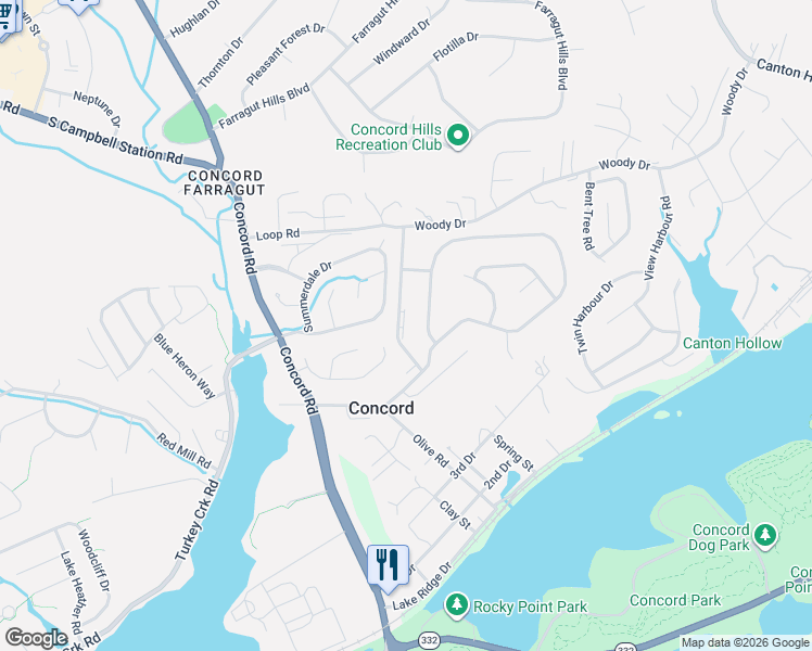 map of restaurants, bars, coffee shops, grocery stores, and more near 664 Loop Road in Knoxville