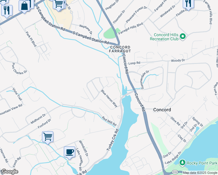 map of restaurants, bars, coffee shops, grocery stores, and more near 11104 Nautical Drive in Knoxville