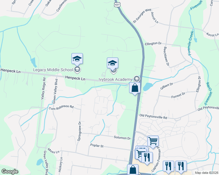 map of restaurants, bars, coffee shops, grocery stores, and more near 2389 Henpeck Lane in Franklin