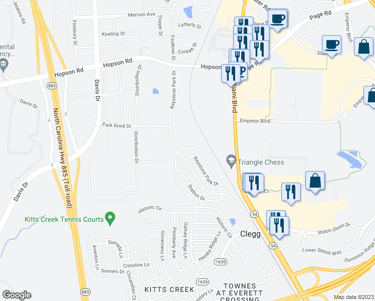 map of restaurants, bars, coffee shops, grocery stores, and more near 711 Keystone Park Drive in Morrisville