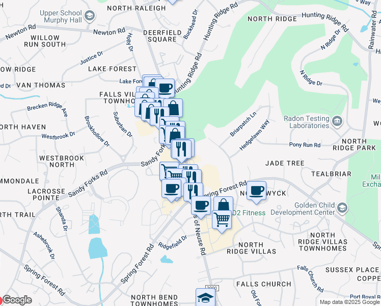 map of restaurants, bars, coffee shops, grocery stores, and more near 6408 Falls of Neuse Rd in Raleigh