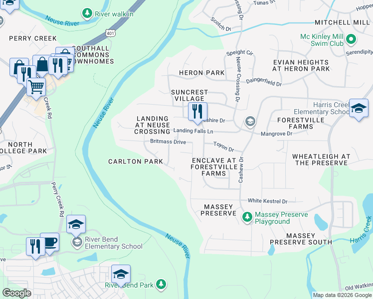 map of restaurants, bars, coffee shops, grocery stores, and more near 3649 Massey Ridge Court in Raleigh
