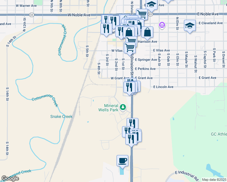 map of restaurants, bars, coffee shops, grocery stores, and more near 707 South 2nd Street in Guthrie