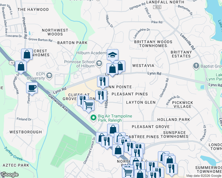 map of restaurants, bars, coffee shops, grocery stores, and more near 4705 Wellington Downs in Raleigh