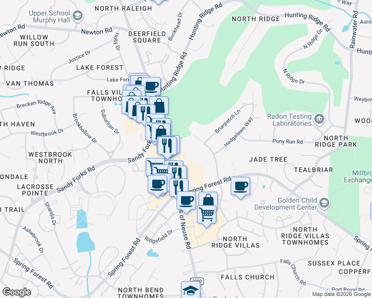 map of restaurants, bars, coffee shops, grocery stores, and more near 6408 Falls of Neuse Rd in Raleigh