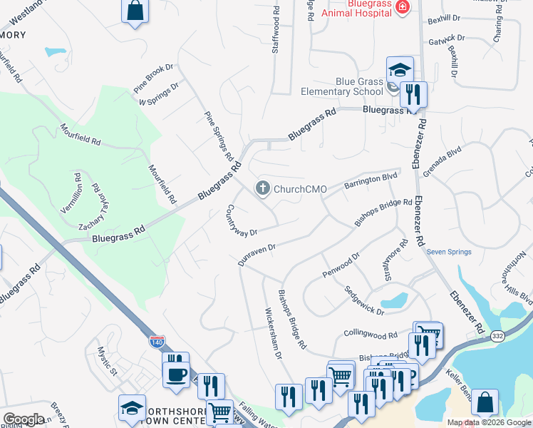 map of restaurants, bars, coffee shops, grocery stores, and more near 9260 Countryway Drive in Knoxville