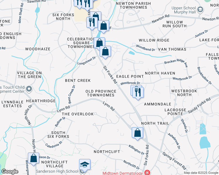map of restaurants, bars, coffee shops, grocery stores, and more near 6737 Six Forks Road in Raleigh