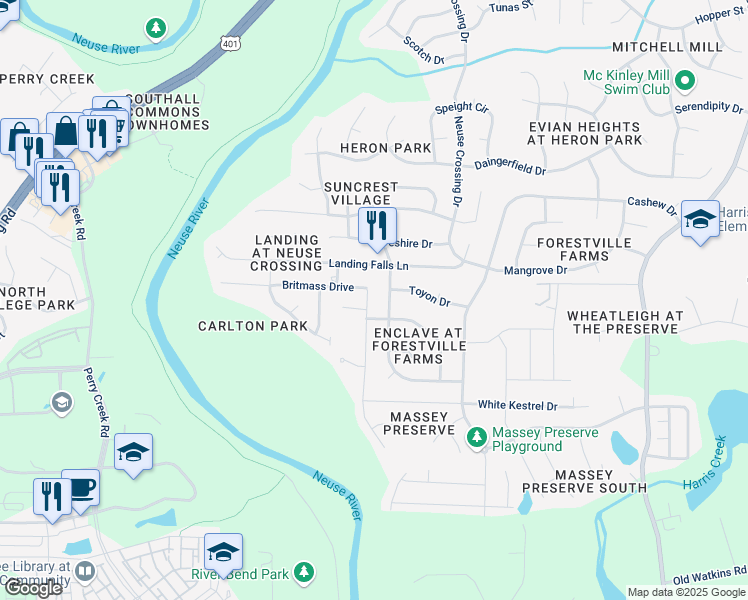 map of restaurants, bars, coffee shops, grocery stores, and more near 3649 Massey Ridge Court in Raleigh