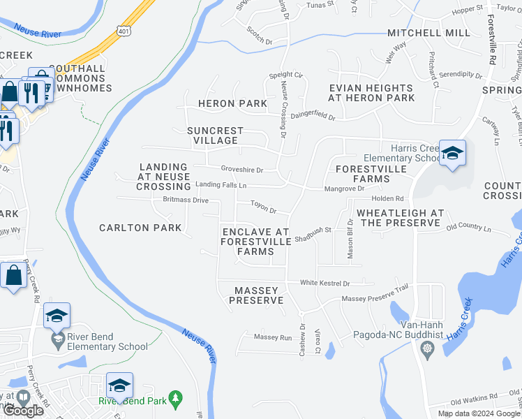 map of restaurants, bars, coffee shops, grocery stores, and more near 3828 Toyon Drive in Raleigh