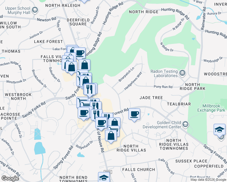 map of restaurants, bars, coffee shops, grocery stores, and more near 6397 New Market Way in Raleigh