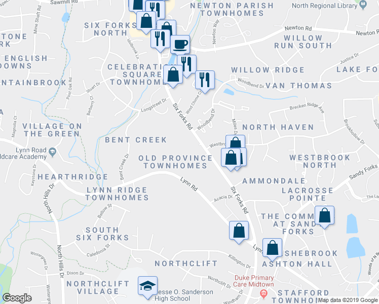 map of restaurants, bars, coffee shops, grocery stores, and more near 6737 Six Forks Road in Raleigh