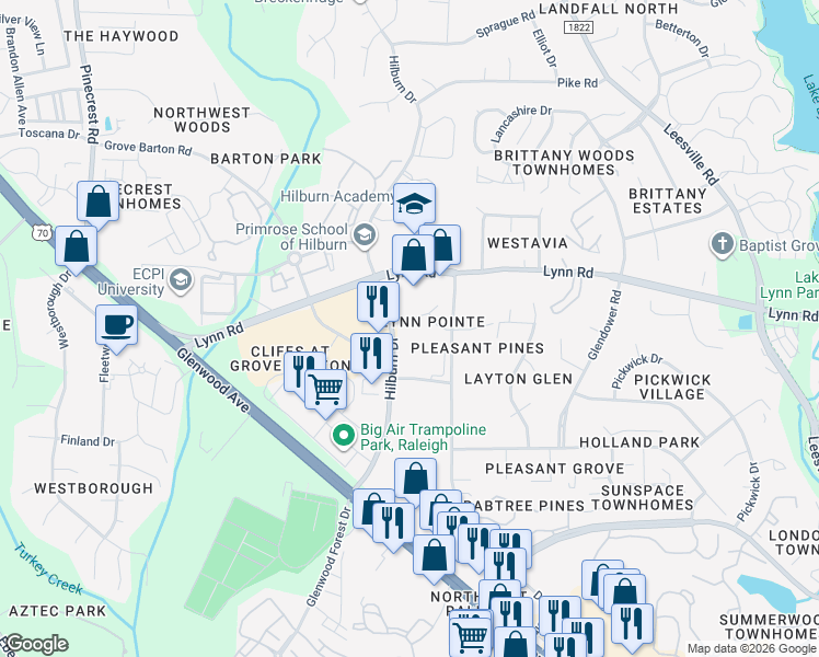 map of restaurants, bars, coffee shops, grocery stores, and more near 4705 Wellington Downs in Raleigh