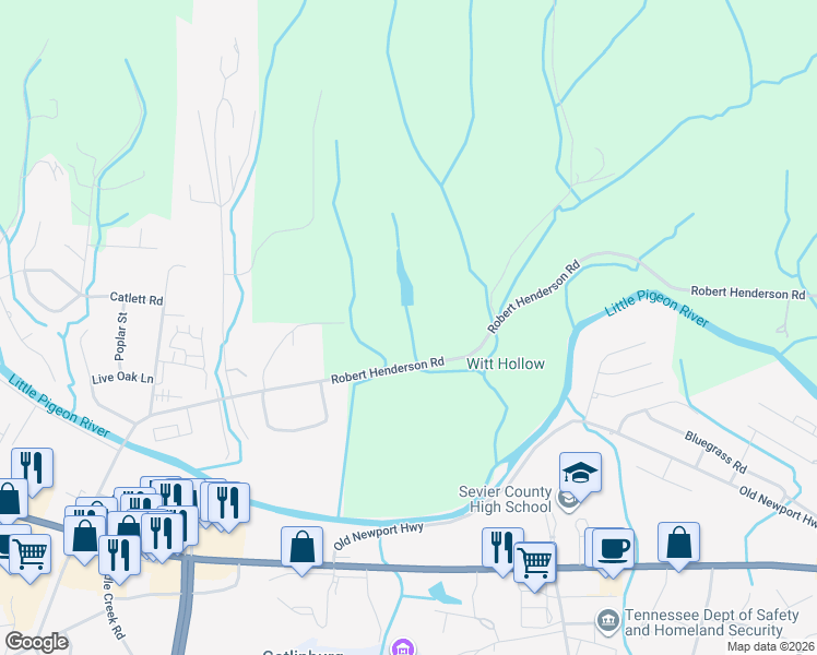 map of restaurants, bars, coffee shops, grocery stores, and more near 3030 Old Mill Avenue in Pigeon Forge