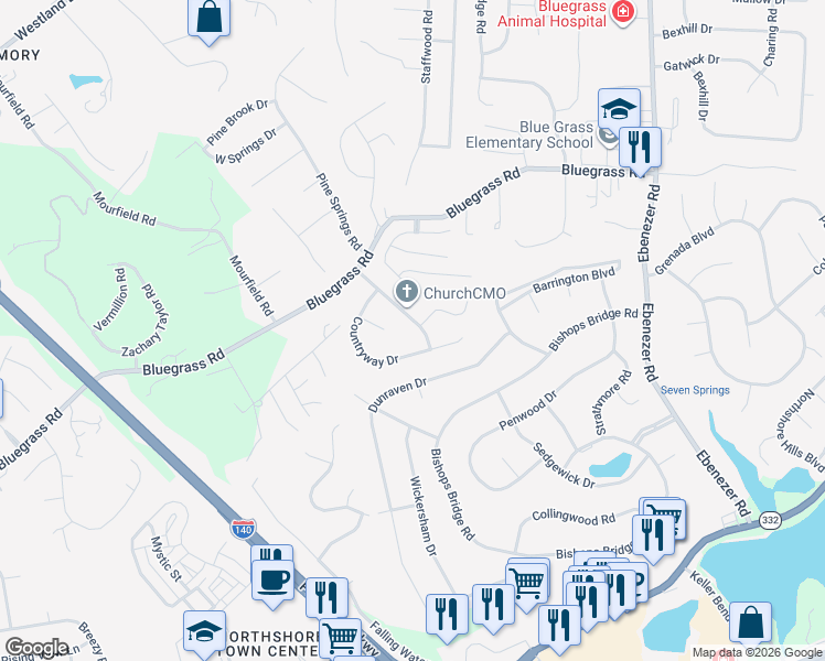 map of restaurants, bars, coffee shops, grocery stores, and more near 9260 Countryway Drive in Knoxville