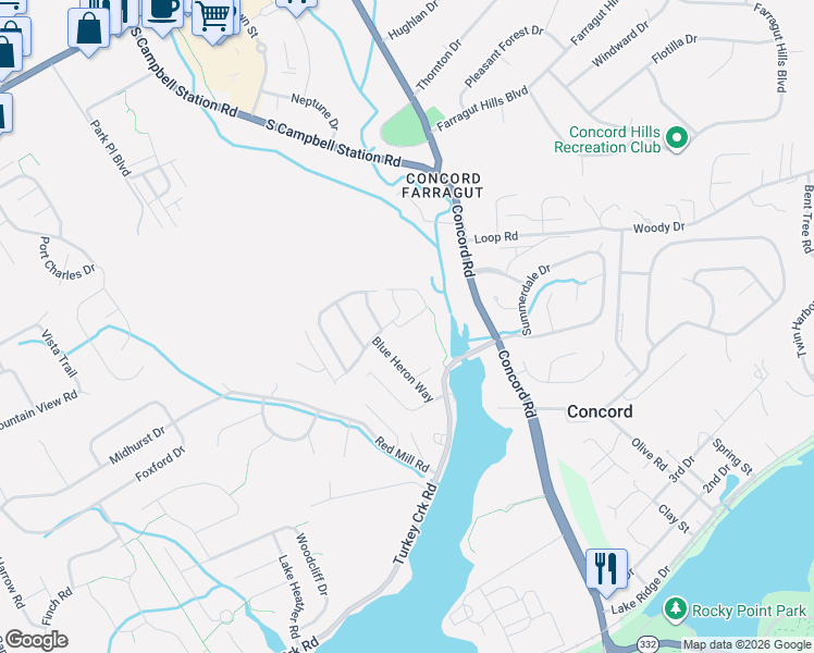 map of restaurants, bars, coffee shops, grocery stores, and more near 11104 Nautical Drive in Knoxville