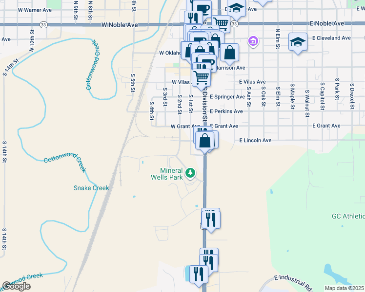 map of restaurants, bars, coffee shops, grocery stores, and more near 707 South 2nd Street in Guthrie