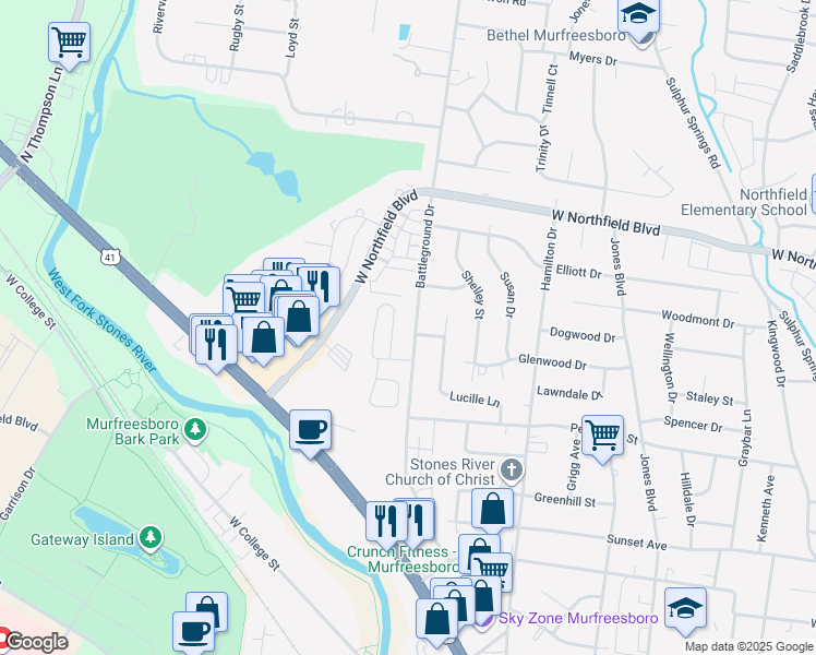 map of restaurants, bars, coffee shops, grocery stores, and more near 1807 Battleground Drive in Murfreesboro