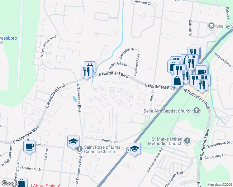 map of restaurants, bars, coffee shops, grocery stores, and more near 1933-1939 Swindon in Murfreesboro
