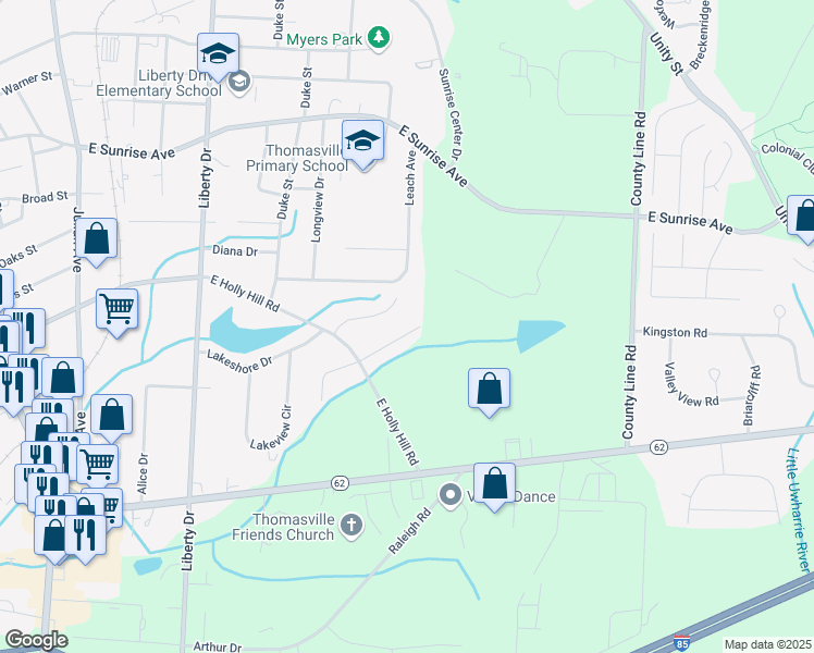 map of restaurants, bars, coffee shops, grocery stores, and more near 123 Rotary Lane in Thomasville