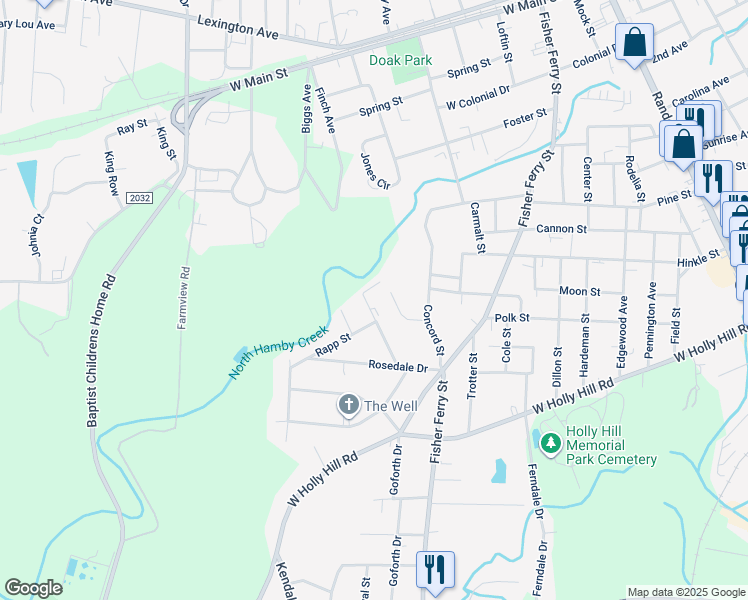map of restaurants, bars, coffee shops, grocery stores, and more near 605 English Street in Thomasville