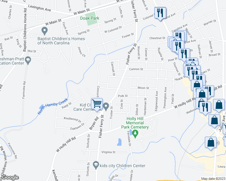 map of restaurants, bars, coffee shops, grocery stores, and more near 407 Hill Street in Thomasville