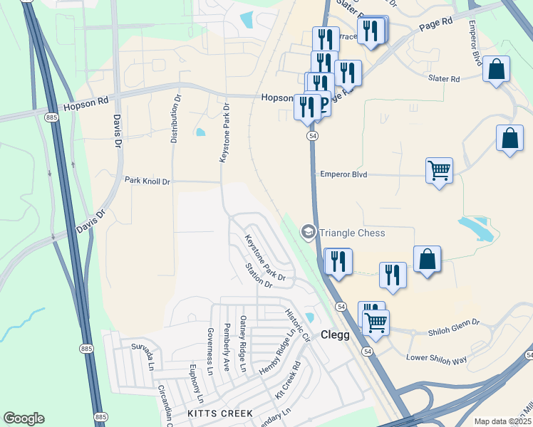 map of restaurants, bars, coffee shops, grocery stores, and more near 705 Keystone Park Drive in Morrisville