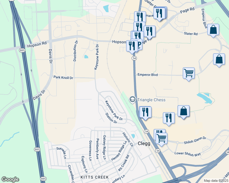 map of restaurants, bars, coffee shops, grocery stores, and more near 705 Keystone Park Drive in Morrisville